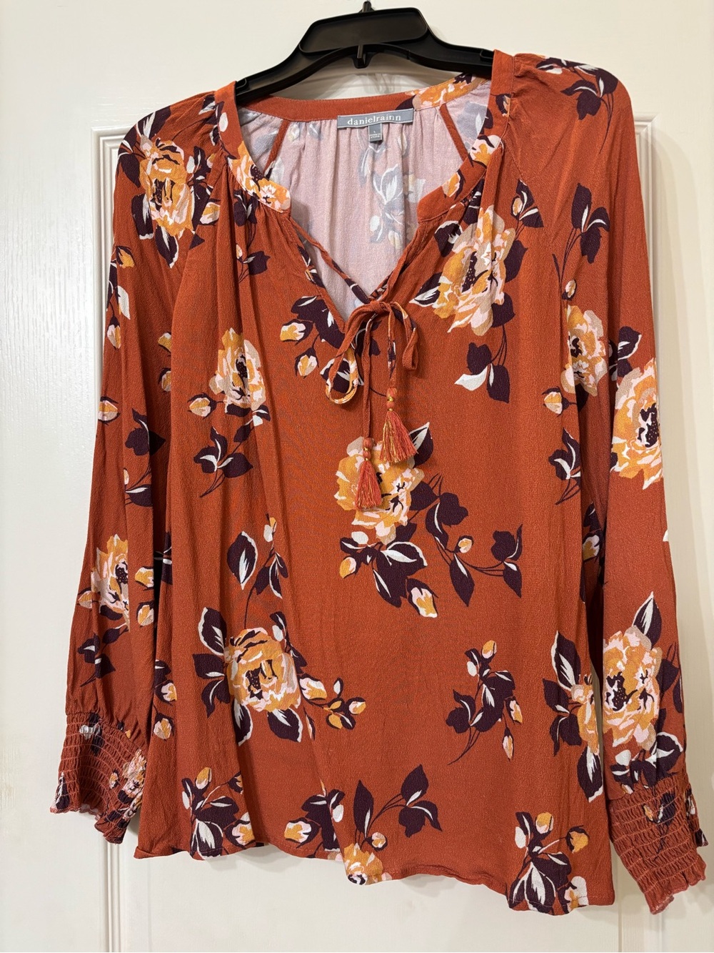 Daniel Rainn Rust Floral Tie-Front Blouse with Tassels